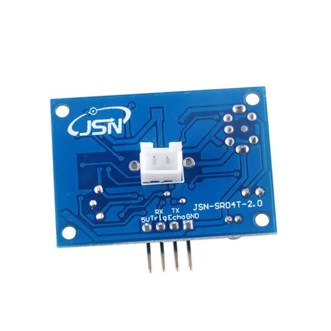 Back view of blue PCB Waterproof Ultrasonic Distance Sensor Module For Arduino with white connector and pins visible