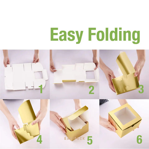 Next Level Gold Bakery Boxes With Crisp Clear Window 25 Pack 6X6X4 Inches Cake Containers demonstrating easy folding steps.