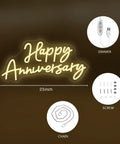 Green Neon Sign For Wall Decor LED Neon Light For Bedroom Parties Bars Weddings Lit Romantic Night Light 21.7 By 23.6 Inches Ideal Gift For Kids Durable Acrylic Backing Easy Mount Eye Catching Glow For Any Room showing yellow 'Happy Anniversary' sign with dimmer, chain, screws