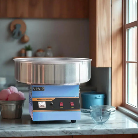 Blue Electric Cotton Candy Maker Machine With 1030W Motor Rapidly Spins Sugar Floss In Twenty Inch Stainless Steel Bowl in kitchen.