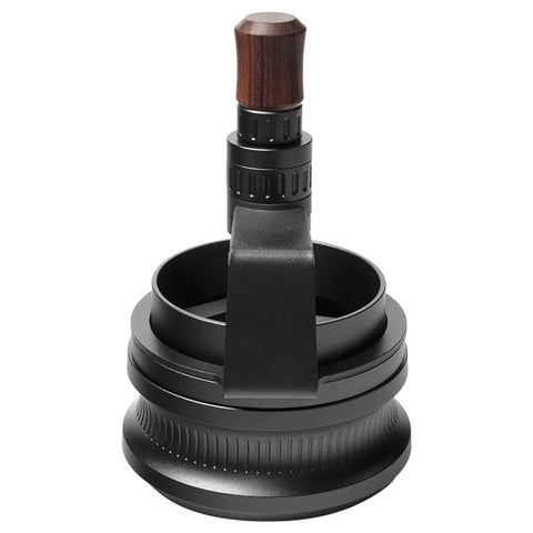 Game Changing 58mm Espresso Puck Distributor Tool With Adjustable Height And Eight Precision Needles, black finish, top view.