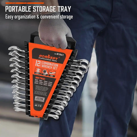 Rock Solid 12 Piece Metric Wrench Set With Compact Storage Holder Crafted From Tough Chrome Vanadium Steel And 12 Point Box Ends Covering 8mm To 19mm For Reliable Auto Shop Repairs in portable storage tray.