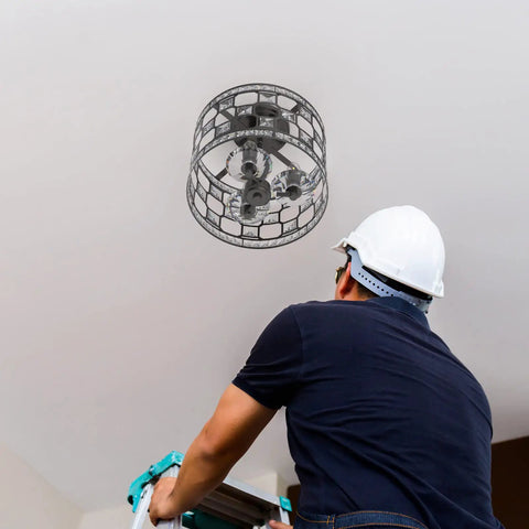 Installation of Crystal Decor Semi Flush Mount Ceiling Light Fixture In Modern Farmhouse Style, worker under fixture