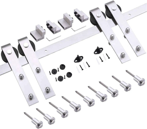 Built Tough Double Barn Doors Set 48 By 96 Inches With Clear Glass Three Lite Panels Matte White Finish Includes Heavy Duty Stainless Steel Rail System 13 Feet With Hangers Floor Guide And All Sliding Hardware For Interior Rooms - close-up of stainless steel rail and hardware