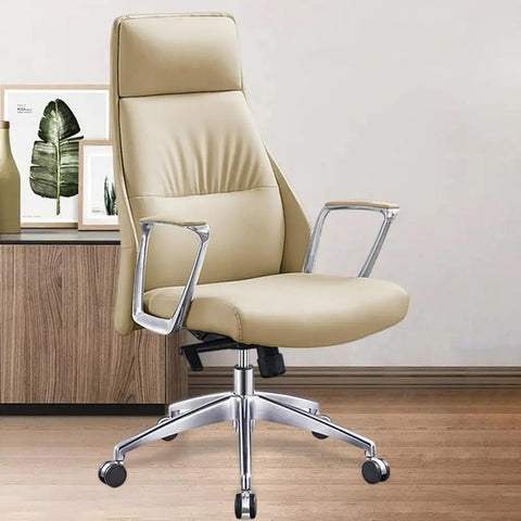Super Comfy Ergonomic Office Chair Executive Swivel Seat With High Back Support Slick Leather Cushion in beige with chrome arms.