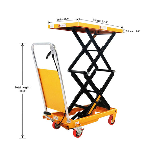 Heavy Duty Manual Scissor Lift Cart With Solid Hydraulic Base For Smooth Job Site Hustle And Garage Transport Easy Foot Pedal Operation Handles Three Hundred Thirty Pounds Like A Champ, shown with dimensions.