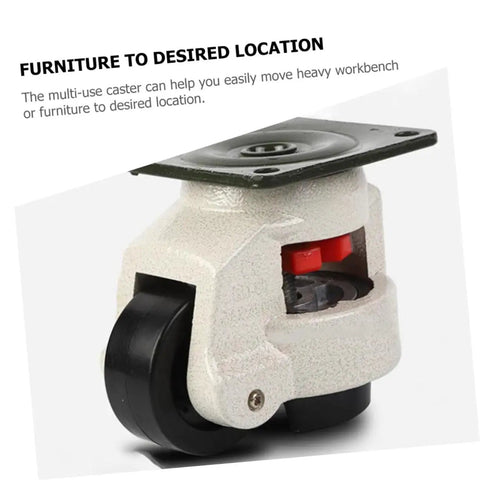 Rock Solid Heavy Duty Swivel Casters With Quick Adjust Leveling Feet Smooth Rolling 360 Degree Anti Skid Base For Industrial Workbenches And Heavy Equipment Four Pack Set, close-up of caster wheel.
