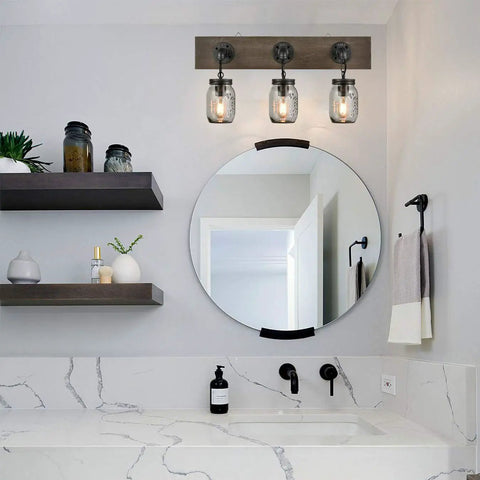 Farmhouse Style 3-Light Mason Jar Wall Sconce With Wood Base And Glass Shades for bathroom over round mirror and marble sink