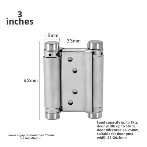 Double Spring Hinge Metal Double Sided Door Automatic Self Closing Hardware for saloon and cafe doors, size 3 inches, 92mm height.