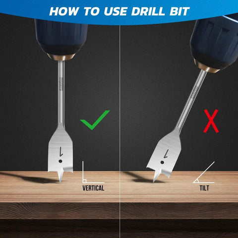Illustration showing correct and incorrect use of Spade Drill Bits Set 3/8 To 1 Inch For Wood Plastic Aluminum With 1/4 Inch Hex Shank Paddle Flat Bits