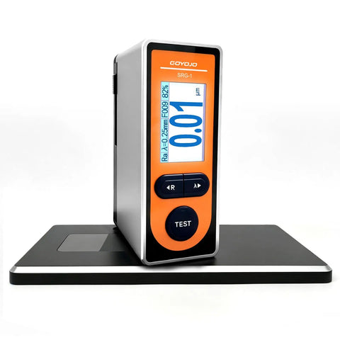 Portable Surface Roughness Tester With Handheld Stylus Profilometer in rugged aluminum housing on black base.