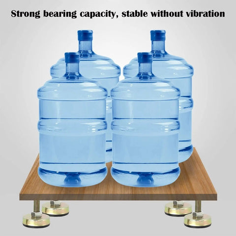 Heavy Duty Adjustable Leveling Feet For Heavy Furniture And Garage Equipment 4 Pack stabilizing large water jugs on wooden surface.