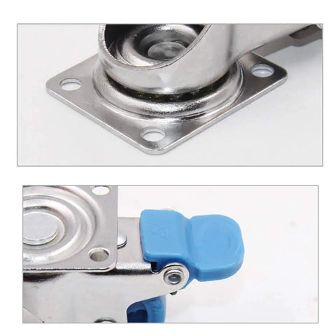 Close-up view of Rollin Tough Heavy Duty Castor Wheels showing steel mounting plate and blue dual lock mechanism.