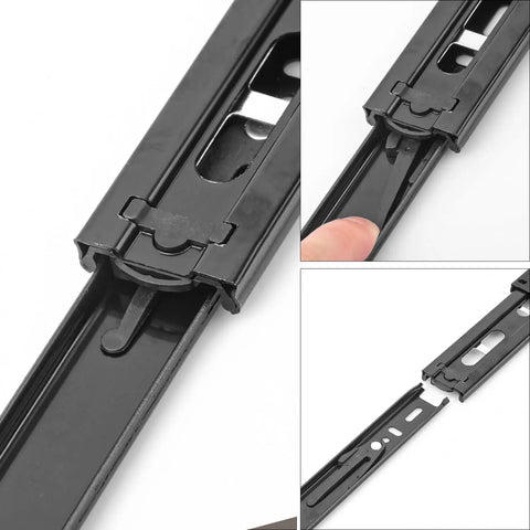 Close-up of Eight Pack Built Tough Black Full Extension Drawer Slides Side Mount Ball Bearing Cabinet Rails, showcasing smooth operation.