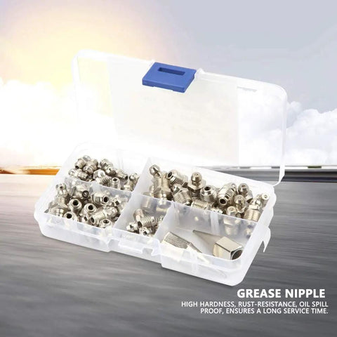 Grease Fittings Kit With 60 Metal Zerks For Spokes And Spoke Nipples in plastic case, assorted angles visible.