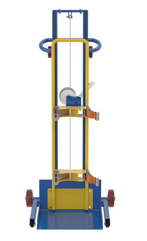 Front view of Beefed Up Heavy Duty Gas Cylinder Lifter 500 Lb Capacity Steel Hand Crank Lift in blue and yellow.