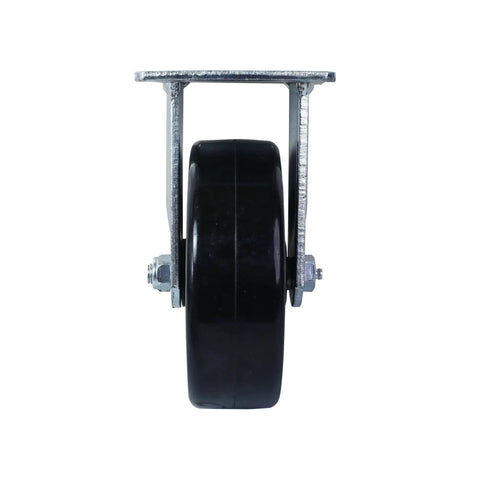 Rock Solid 6 Inch Phenolic Rigid Plate Caster Built Like A Tank For Heavy Hauls 840 Lb Load Capacity side view showing black phenolic wheel and steel mounting plate.