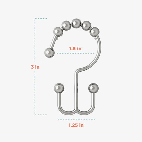 Chrome Shower Curtain Hooks Set Of 12 With Double Roller Glide For Smooth Quiet Operation, showing 3-inch height and double-sided design.