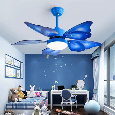 Quiet Ceiling Fan With Built In Light And Remote Control Energy Saving Air Circulator Living Room Bedroom Decor in blue butterfly design