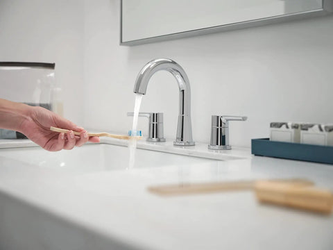 Flute High Arc Bathroom Faucet, 3-Hole 6-16 Inch Installation, WaterSense Labeled, ADA Compliant, chrome finish in use over sink