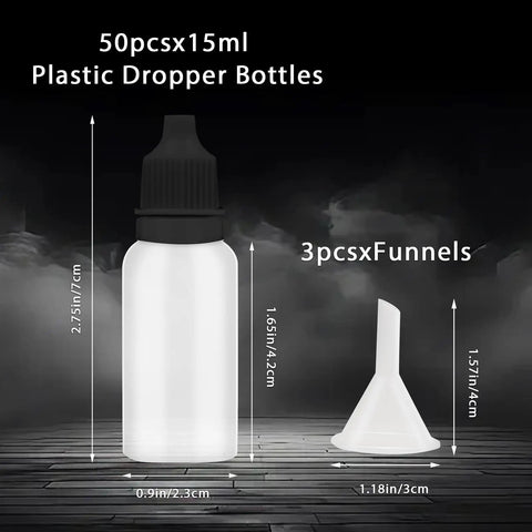 Top Shelf Real Deal 50 Pack Thin Tip Dropper Bottles 15Ml Black Plastic Squeeze Vials With Secure Screw Caps And Nifty Small Funnels Easy To Use For Mixing Herbs Oils Travel with funnel displayed.