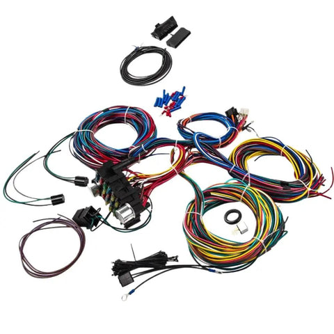 Universal 12V Wiring Harness And Fuse Kit With 21 Pre Terminated Circuits And 17 ATO Fuses Plug Connector, Color Coded Wires