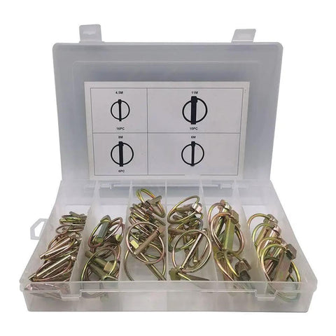 50 Piece Lynch Locking Pin Set M4.5 M6 M8 M11 Heavy Duty Spring Steel Annular Ring Clips in an organized case
