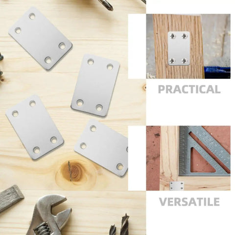 Sturdy Stainless Steel Mending Plates With Screws For Home Improvement And DIY Projects, shown on wood surface