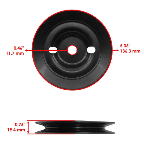 Heavy Duty 42 And 48 Inch Deck Drive Pulley for John Deere X350, top view showing dimensions and details.
