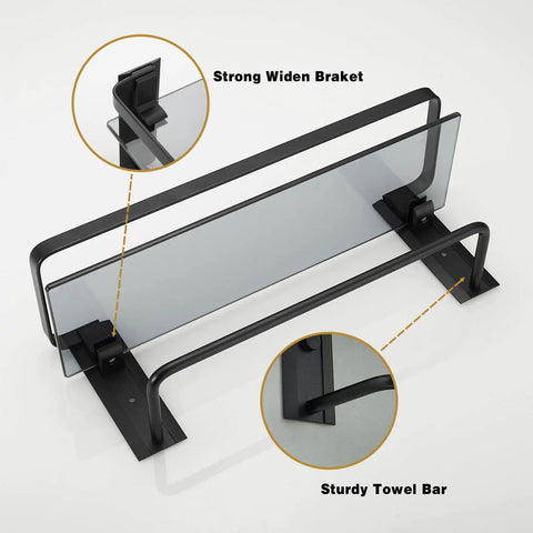 Black Glass Bathroom Shelf Wall Mounted 15.7 Inch Tempered Glass Shelving Two Tier With Four Removable Hooks detailed close-up