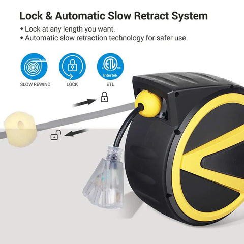 Retractable Cord Reel With Slow Auto Return Heavy Duty 50 Foot 14 3 SJTW Cord Lighted Triple Tap Outlets 13 Amp Circuit Breaker
