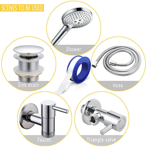 Bathroom fixtures set with shower head, flexible hose, faucet, sink drain, and triangle valve.