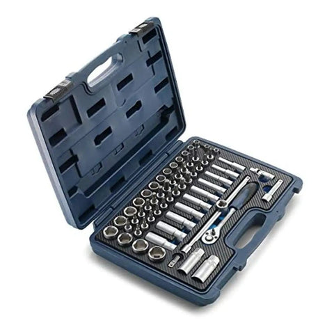 60 Piece Tool Box Set With Chrome Vanadium Tools For Bike Maintenance Featuring 3 8 Inch Ratchet With Locking Lever, Open Case