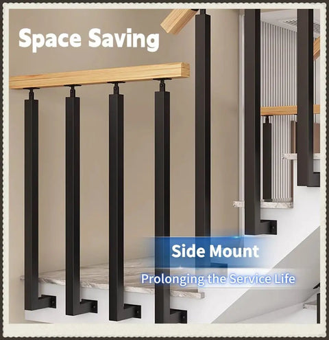 Tough As Nails Side Mount Stair Railings And Deck Balusters With Adjustable Angle Brackets Complete Hardware Kit Black steel spindles on staircase.