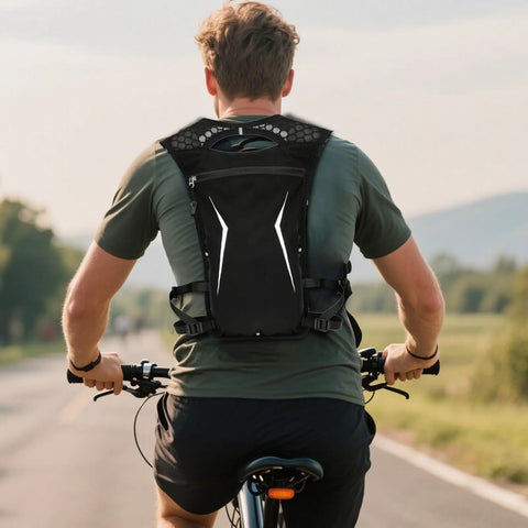 Cyclist wearing Ultra Light Hydration Vest With Built In Water Reservoir For Runners And Adventurers Lightweight Hydration Backpack.