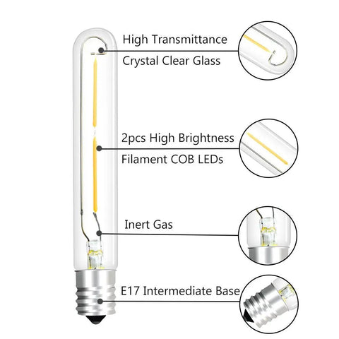 2W LED T6.5 E17 Exit Sign Clear Bulb Daylight 6000K with labeled features, including E17 base and high transmittance crystal glass.