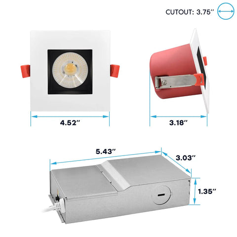 Top Shelf 12 Pack 4 Inch Square Led Recessed Lights With J Box Adjustable 5Cct 2700K To 5000K, dimensions for installation.