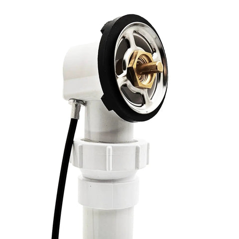 Close-up of Rock Solid 1 1/2 Inch Schedule 40 PVC Cable Driven Bath Waste Kit with brass knob and smooth pop-up mechanism.