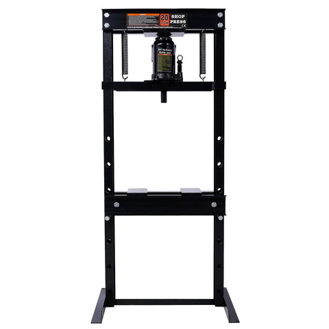 20 Ton Hydraulic Shop Press With Rugged H Frame Base, front view showcasing sturdy design and adjustable table for heavy-duty tasks.
