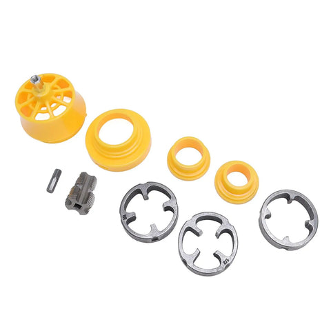 Prograde Pvc Pipe Threader Kit With Electric Drill Adapter And Three Interchangeable Dies for half inch and one inch tubing parts.