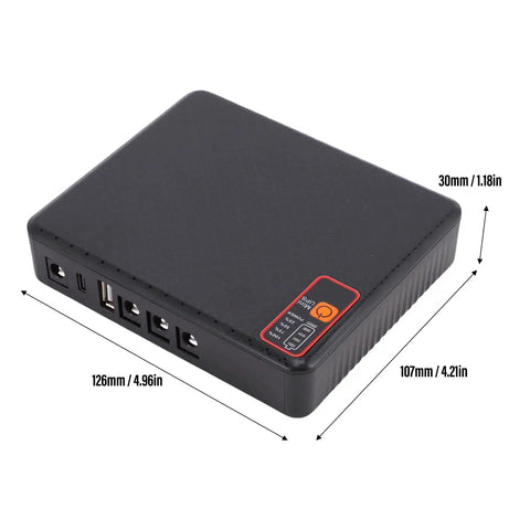 Compact Mini Ups Router Modem Backup Power With 15600 Mah Battery, black square shape, measures 126mm x 107mm x 30mm.