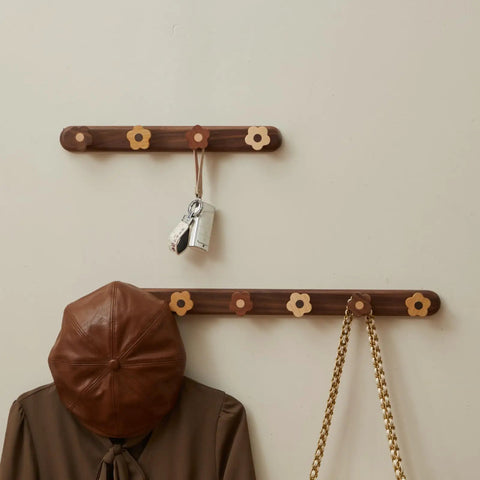 Dang Cute Flower Peg Wall Mount Coat Rack For Kids Crafted From Solid Walnut Wood Storage perfect for hanging hats and bags.