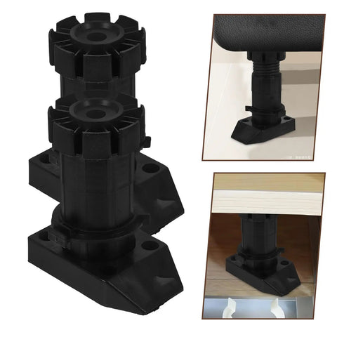 Adjustable Furniture Legs for Cabinets Black 4 Pack Heavy Duty ABS Leveling Feet in close-up and installed views