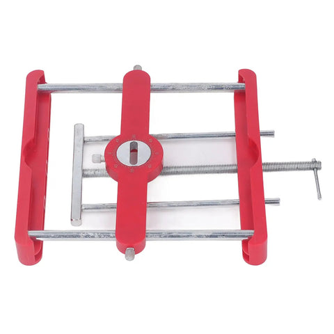 Dead On Mortise Tenon Jig Woodworking Doweling Kit Self Centering Loose Tenon System with Punch Locator top view, red and silver components.