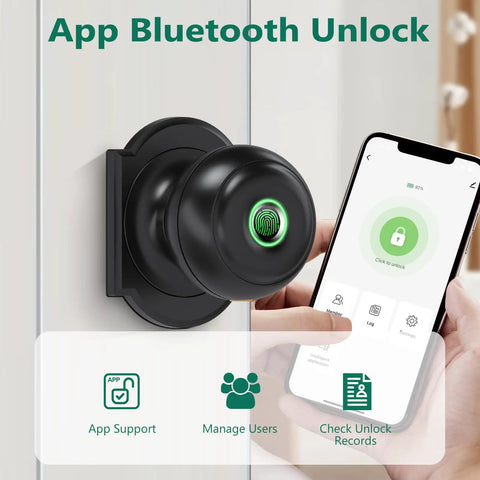 Keyless Entry Fingerprint Door Lock With App Control, Biometric Smart Door Knob for bedrooms, office, and apartment shown with smartphone control.