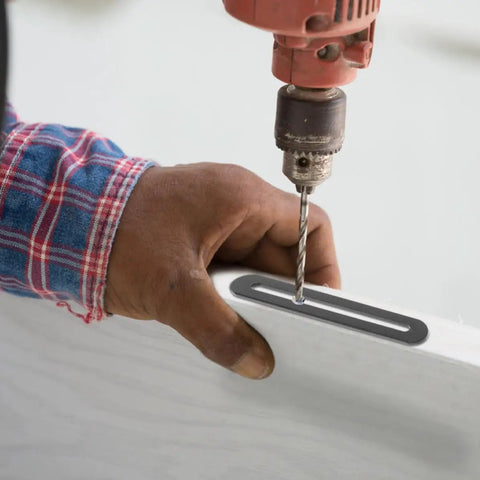 Drilling into furniture with 10-Pack Stainless Steel Adjustable Flat Mending Plates With Slot Holes For Furniture Repair Wear-Resistant Easy Install Black Corner Braces For Drawers And Cabinets installed.