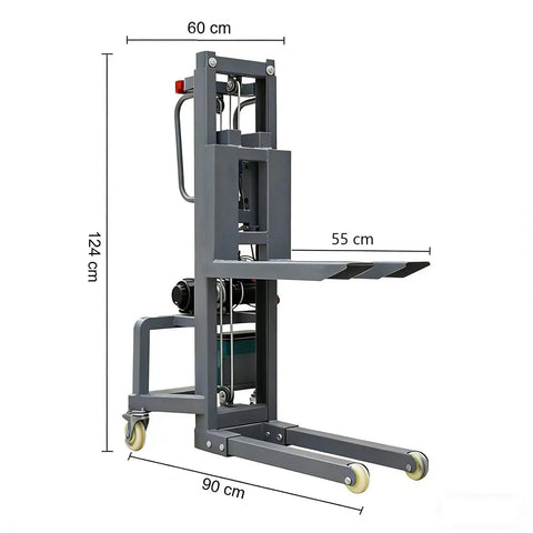 Handy Electric Pallet Stacker With Winch Lifts 600 Lbs Heavy Gear No Sweat Portable Motorized Forklift Alternative dimensions 60cm x 90cm x 124cm.