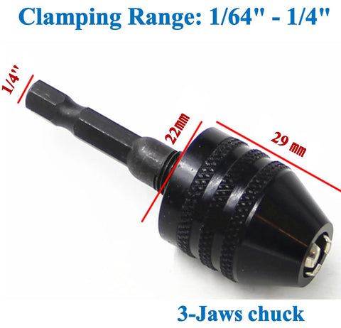 Keyless Chuck Adapter For Impact Driver, 2 Pack, Quick Change One Quarter Inch Hex Shank, Compact 3-Jaws Clamping Range Display