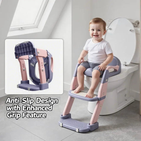 Game Changing 3-In-1 Toddler Potty Training Seat And Foldable Potty Chair With Step Stool, Adjustable Height For Little Champs, No Fuss Cleanup, Ultra Comfy Bathroom Helper Pink Purple, toddler using potty chair with step stool