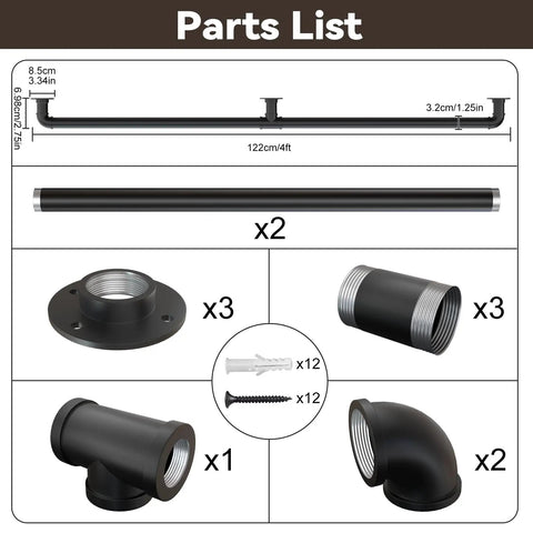 Parts list for All In One Bar Foot Rail Kit For Undercounter Mounts In Matte Black with connectors and end caps, 4ft setup